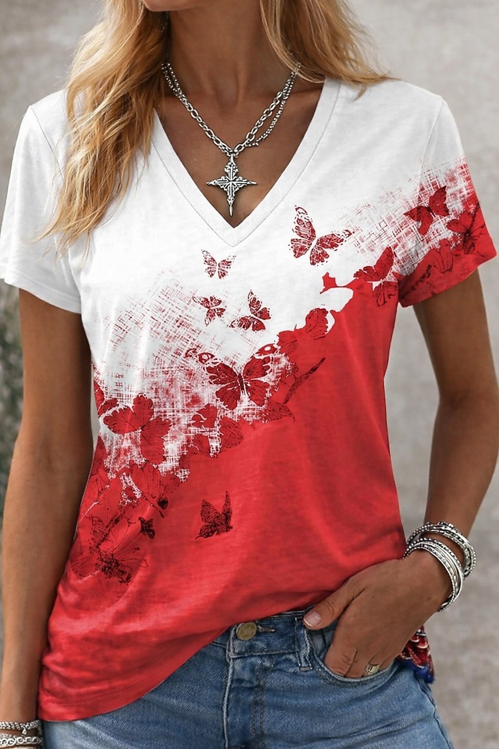 Damen T Shirt Farbblock Druck Grafik Tiermotiv Abstrakt Vintage Stilvoll Klassisch Kurzarm V Ausschnitt Normale Oberteile Täglich Wochenende Blau Schwarz und Rot weiß Rot Sommer Frühling Herbst 2026 - $21.99 –P1