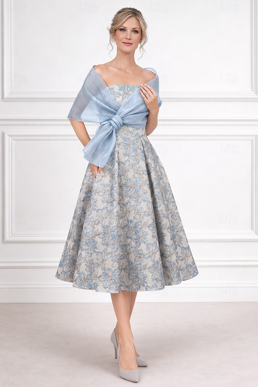 A-Linie Tee-Länge Kleid für Hochzeitsgäste Brautmutterkleid Ärmellos Trägerlos Elegant Einfach Minimalistisch Formell Cocktailparty Semi-Formal Jacquard Mit Schal mit Falten 2026 - $182.99 –P5