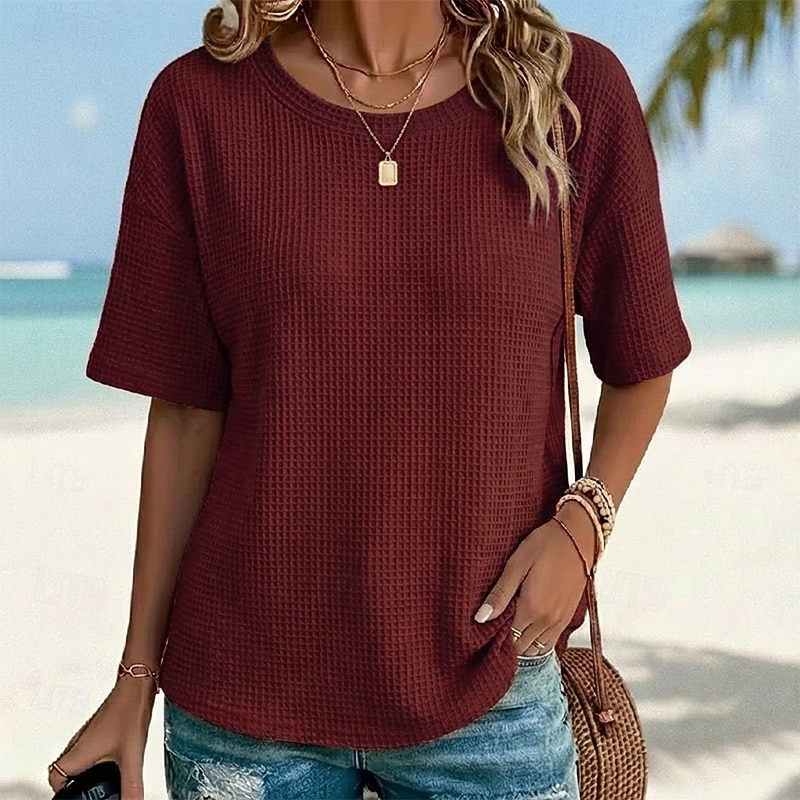 T-shirt classique en maille gaufrée pour femme, couleur unie, moderne et décontracté, manches courtes, col rond, coupe droite, idéal pour le quotidien, les vacances, les sorties, noir, blanc, jaune, rose, bordeaux, été et printemps de 2026 ? $26.99 –P6