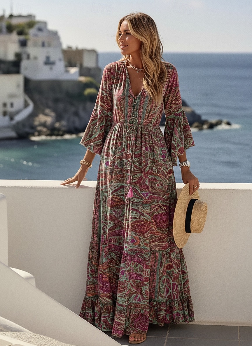 Damen Maxikleid Boho-Kleid Freizeitkleid Schwingkleid A Linie Kleid Vintage Lässig Täglich Normale Passform Blumen Langarm V Ausschnitt Blau Rote Purpur Orange Sommer Frühling Herbst 2026 - $29.99 –P4