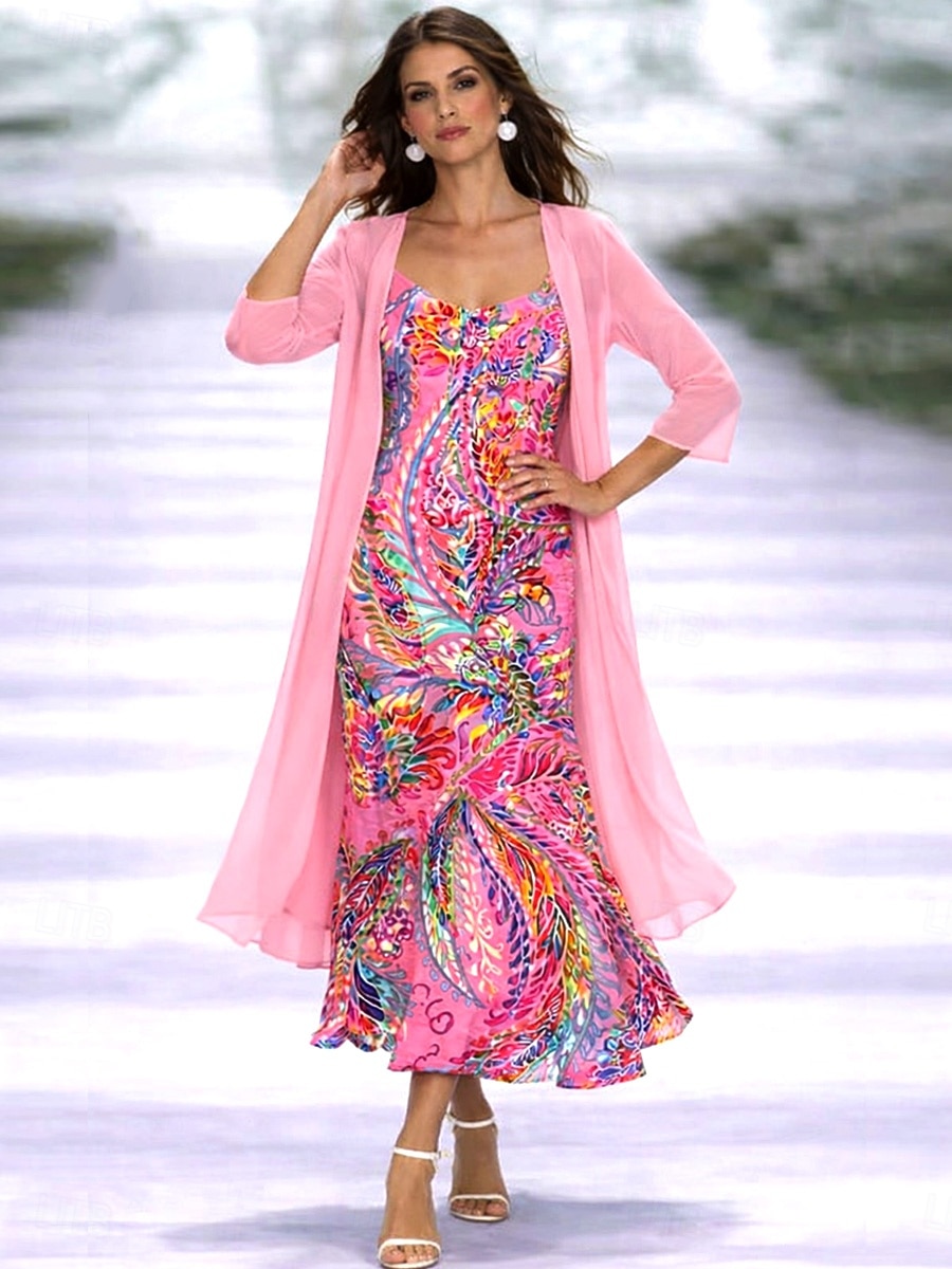 Mujer Conjunto de vestido Vestido de una línea Elegante Vacaciones Floral Graphic Multi capa Estampado Vestido maxi Manga 3/4 Escote en Pico Diario Vacaciones Rosa Morado Verano Primavera Ajuste 2026 - $51.99 –P1