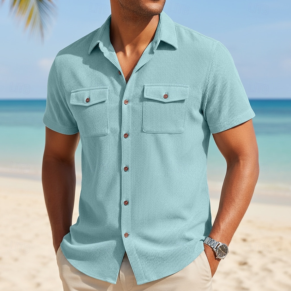 Men's Shirt Casual Shirt Corduroy Shirt Button Up Shirt Black White Yellow Navy Blue Brown Short Sleeve Solid Color Plain Textured Shirt Collar Casual Daily Front Pocket Clothing Apparel Elegant 2026 - $24.99 –P1