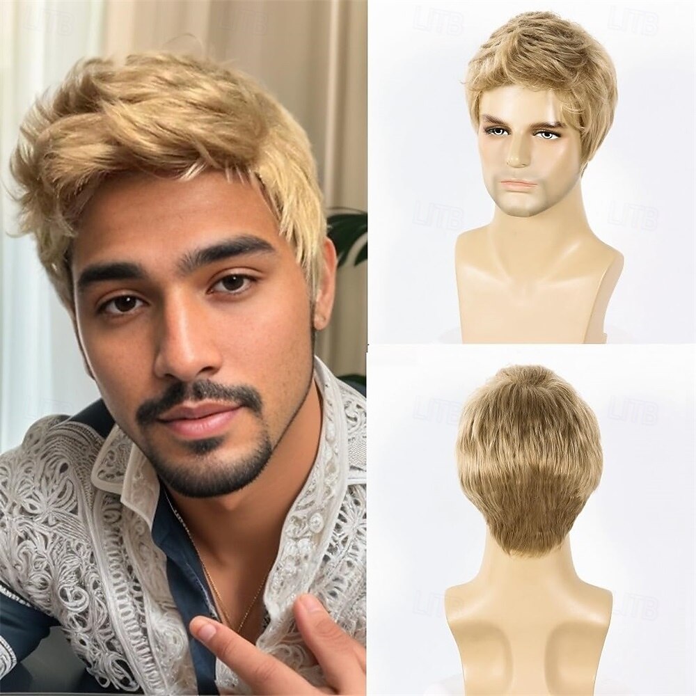 Parrucca bionda da uomo, corta, liscia, in capelli sintetici biondi, per uso quotidiano, costume anime, Halloween, cosplay e feste (adatta a circonferenze della testa di 21-22,5 pollici). del 2026 a $28.99 –P4