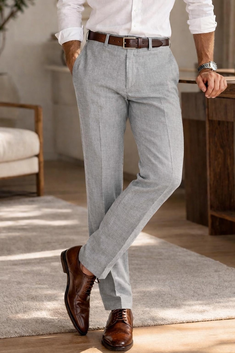 Masculino Algodão Linho Social Calça casual O negócio Casamento Vintage Clássico Formal Branco Rosa Vinho Primavera Verão Calças Côr Sólida Normal Longas Sem Elasticidade de 2026 por $39.99 –P10