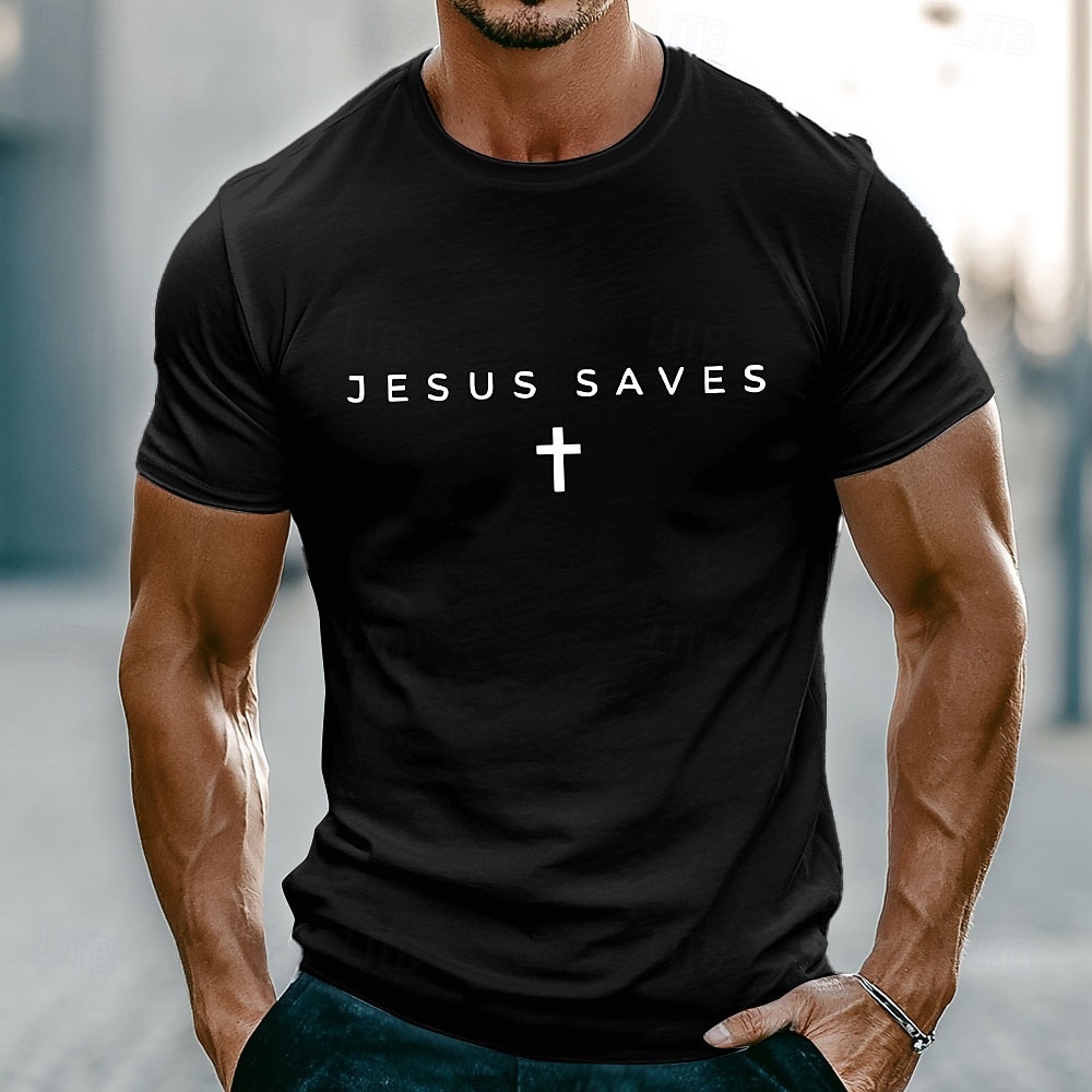 Herren Bibel Jesus rettet Text mit weißem Kreuz Christlich Religiös Glaubens Minimalistisches T-Shirt Grafik Muskelpassform Lässige Alltagsbekleidung Designer Bekleidung 2026 - $21.99 –P2