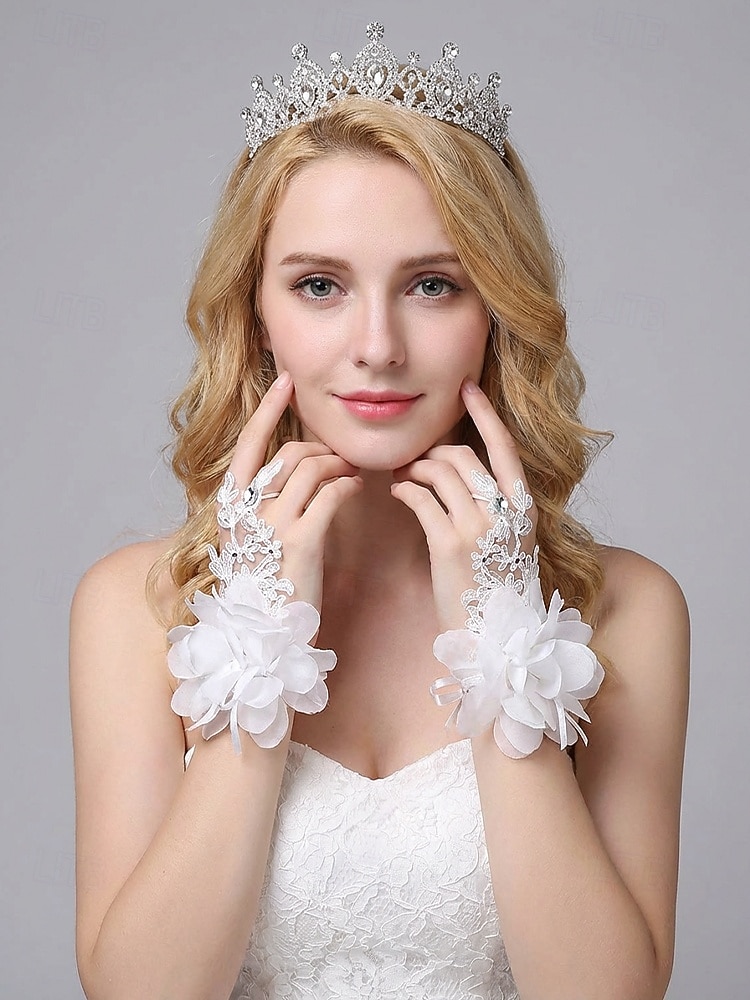 brudhandskar för kvinnor, polyestermaterial, flerfärgade, kronbladsblommönster med strassdetaljer, eleganta spetshandskar perfekta för bröllop, fester och speciella evenemang 2026 - $11.99 –P1