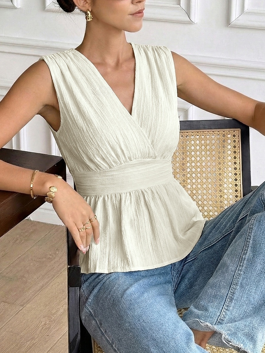 Mujer Camiseta sin mangas Frunce Plano Elegante Moda Clásico Sin Mangas Manga Corta Escote en Pico Tops regulares Diario Noche Fin de semana Albaricoque Verano Primavera 2026 - $27.99 –P6