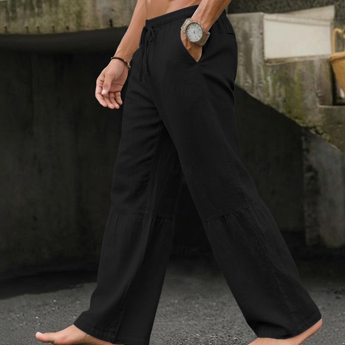 Men's Culottes Wide Leg Linen Pants Summer Pants Baggy Pants Drawstring Patchwork Elastic Waist Plain Comfort Breathable Full Length Casual Daily Outdoor Vacation Fashion Black White Inelastic 2026 - $29.99 –P6