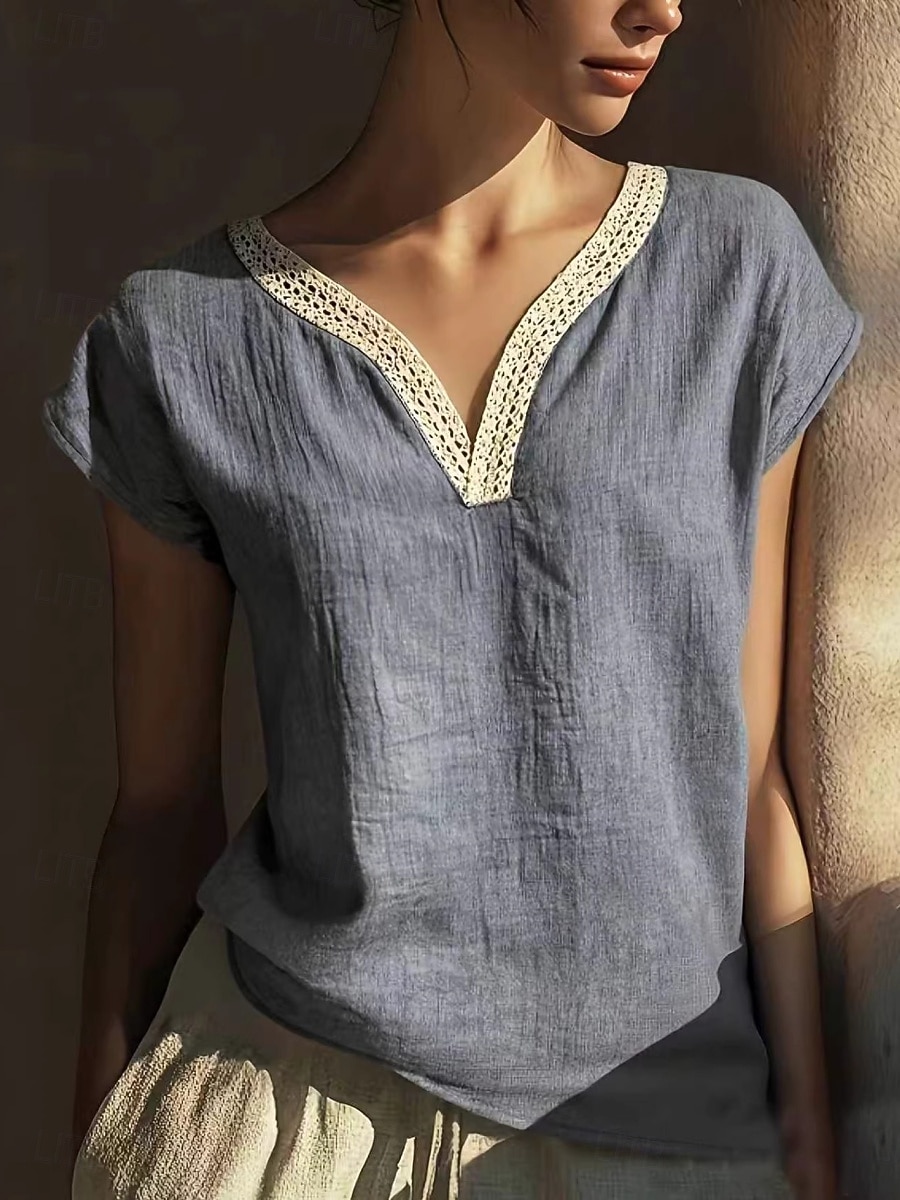 Women's T Shirt Cotton Linen T Shirt Faux Cotton Linen Tee Top Patchwork Plain Classic Casual Short Sleeve V Neck Regular Tops Daily Going out Weekend Sky Blue Apricot Gray Summer Spring 2026 - $24.99 –P5