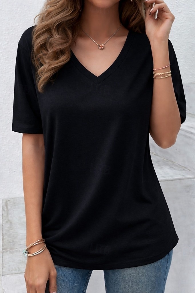 2026年 女性用 オーバーサイズ Tシャツ 純色 エレガント スタイリッシュ カジュアル 半袖 Ｖネック ロングトップス 日常 お出かけ ブラック ホワイト イエロー グレー ライトブルー 夏 春  コレクション – $19.99 –P2
