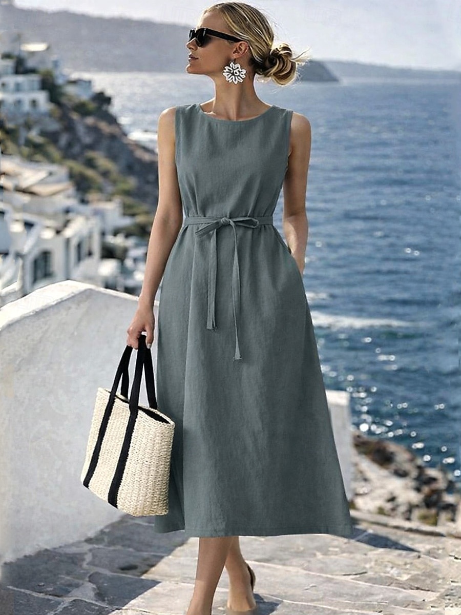 Per donna Abito Midi Finto cotone e lino Abito a trapezio Casual Quotidiano Vestibilità regolare Semplice Senza Maniche Girocollo Blu marino Arancione Beige Grigio Estate Primavera del 2026 a $33.99 –P6