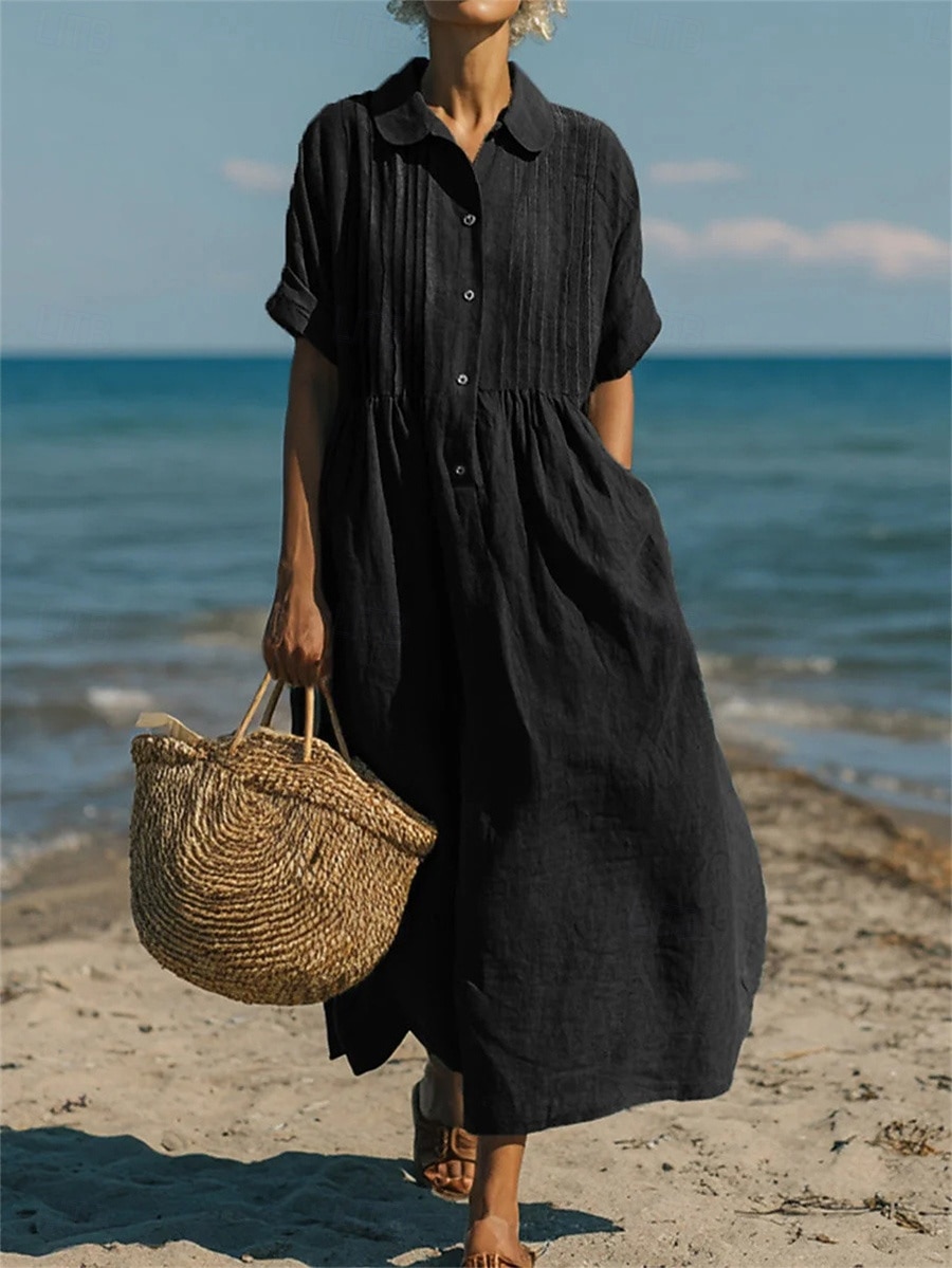 Mujer Vestido Midi Vestidos con tacto de lino Vestido de Camisa Vestido Kaftan Moda Moderno Diario Exterior Vacaciones Ajuste regular Plano Manga Corta Cuello Camisero Azul Piscina Negro Blanco Verde 2026 - $32.99 –P4