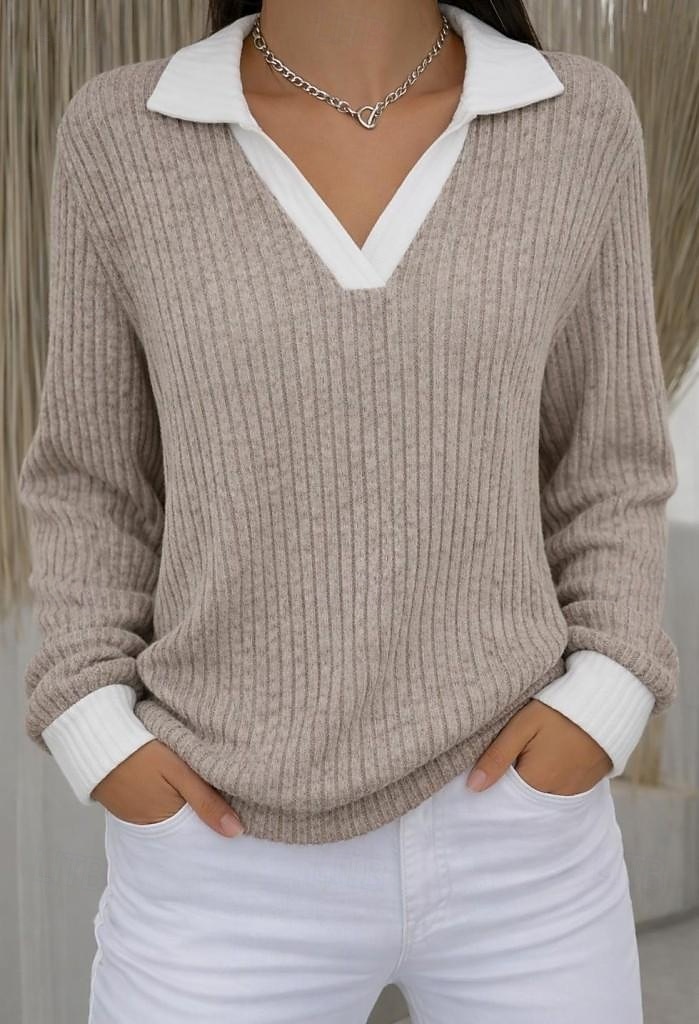 Damen Rippstricktops T Shirt Falscher Zweiteiler Kontrastfarben Stilvoll Lässig Langarm V Ausschnitt Hemdkragen Normale Oberteile Täglich Ausgehen Schwarz Pudriges Rosa Staubiges Blau Khaki Leicht 2026 - $25.99 –P2