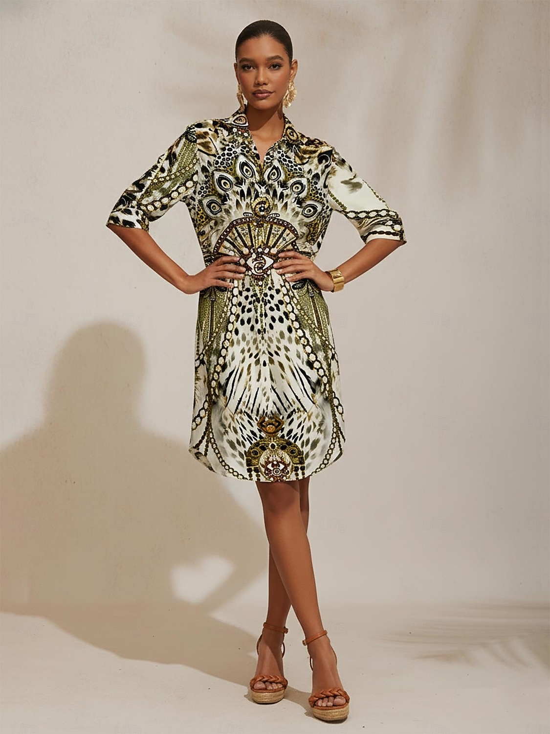 vintage-leopardikoruja silkkisestä satiinista valmistettu suora paitamekko 2026 - $91.99 –P2