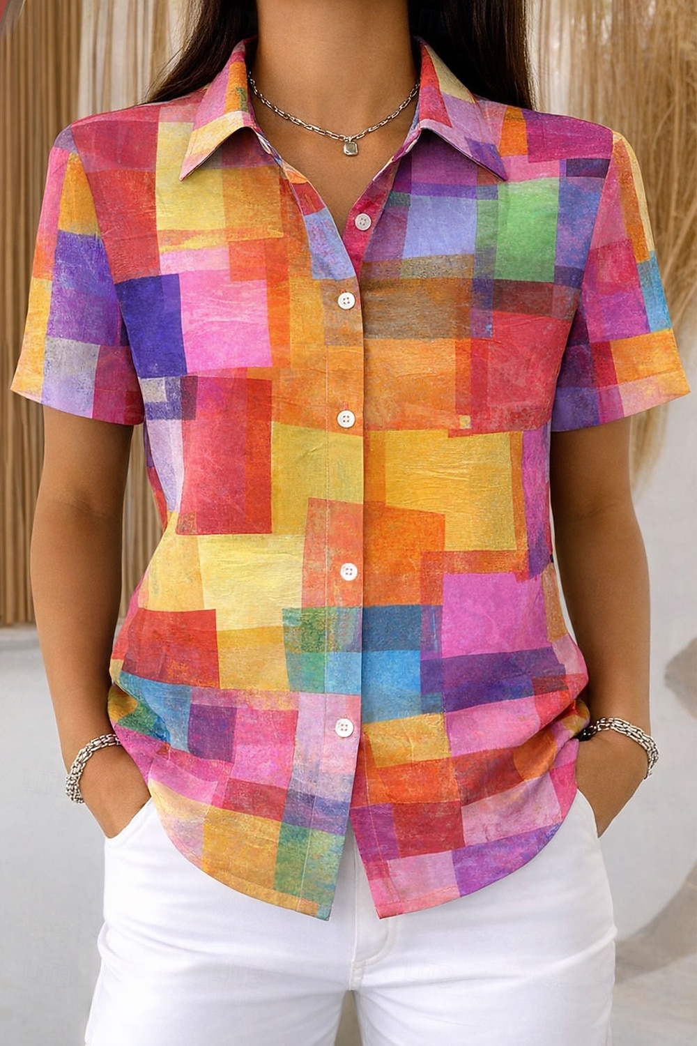 Maglietta da Donna Manica Corta Grafica Geometrica a Righe Vintage Tropicale Elegante Collo Regolare Tops Giornalieri Giallo Rosa Arancione Estate Primavera del 2026 a $26.99 –P1
