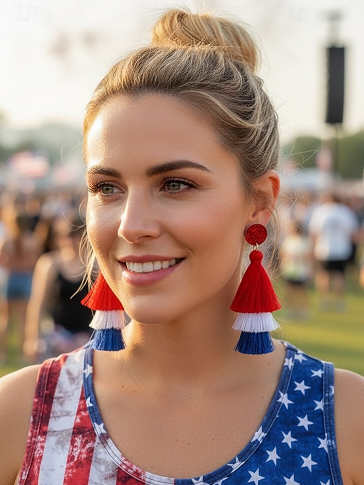 Örhängen med tofsar i polyester för kvinnor, i flera stilar, röda, vita och blå amerikanska flaggans färger, patriotiska smycken, perfekta för USA:s 250-årsjubileum, självständighetsdagen och vardagskläder 2026 - $11.99 –P1