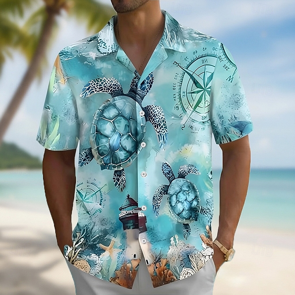 Hombre Brújula tortugas Criaturas del mar camisa hawaiana Abotonar la camisa Manga Corta Hawaiano Vacaciones Ropa de playa Verano Primavera Cuello Vuelto Impresión 3D camisas con cuello Azul Piscina 2026 - $25.99 –P1