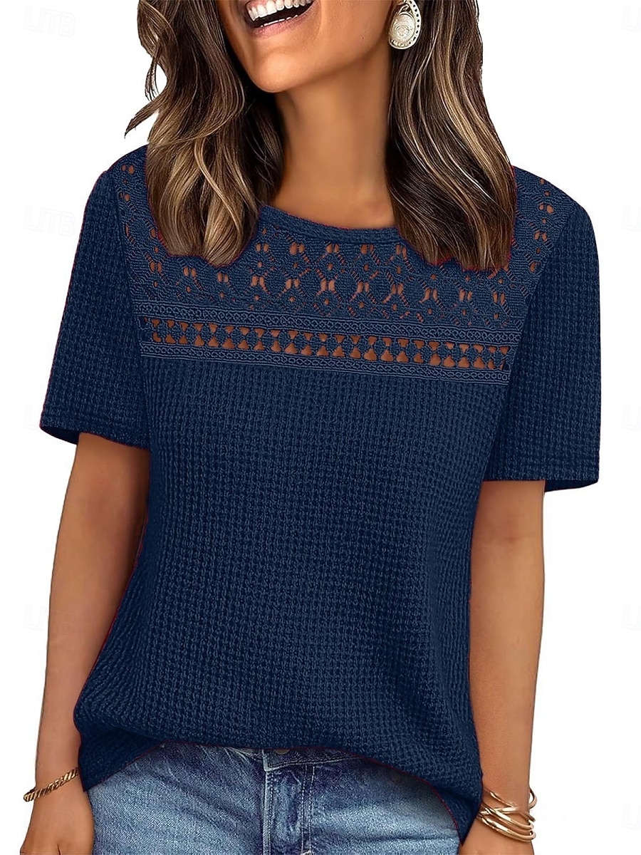 Women's Eyelet Top T Shirt Tee Top Solid Color Fashion Classic Casual Short Sleeve Crew Neck Regular Tops Daily Going out Weekend Black Red Navy Blue Khaki Summer Spring 2026 - $24.99 –P7