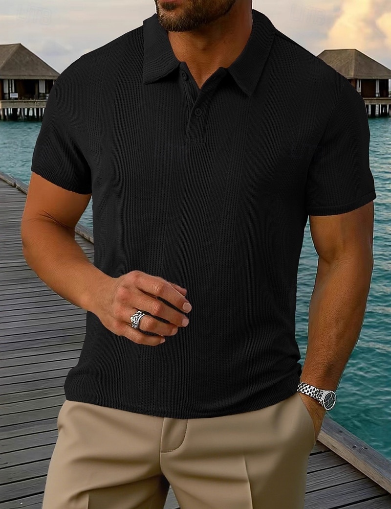 Homme Polo Texturé Occasionnel Rue Revers Manche Courte Basique Moderne Uni Rayures Boutons Tricot Été Printemps Coupe régulière Noir Blanche Rouge Bordeaux Gris Claire Abricot Bleu clair Polo de 2026 ? $17.99 –P3