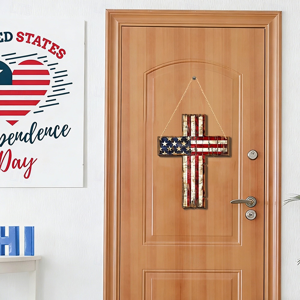 Letrero de madera para puerta conmemorativo del 250.º aniversario de la Independencia de Estados Unidos, estrellas blancas y rojas. &Decoración de la puerta principal con rayas blancas y lazo 2026 - $16.99 –P10
