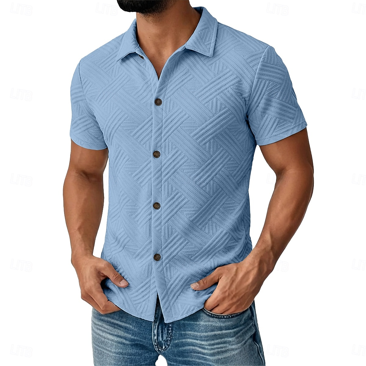 Męskie Koszula Codzienna koszula Zapinana na guziki koszula Koszula żakardowa Czarny Biały Morelowy Szary Jasnoniebieski Krótki rękaw Geometryczny Równina Klapa Codzienny Streetwear Żakard Odzież 2026 - $25.99 –P6