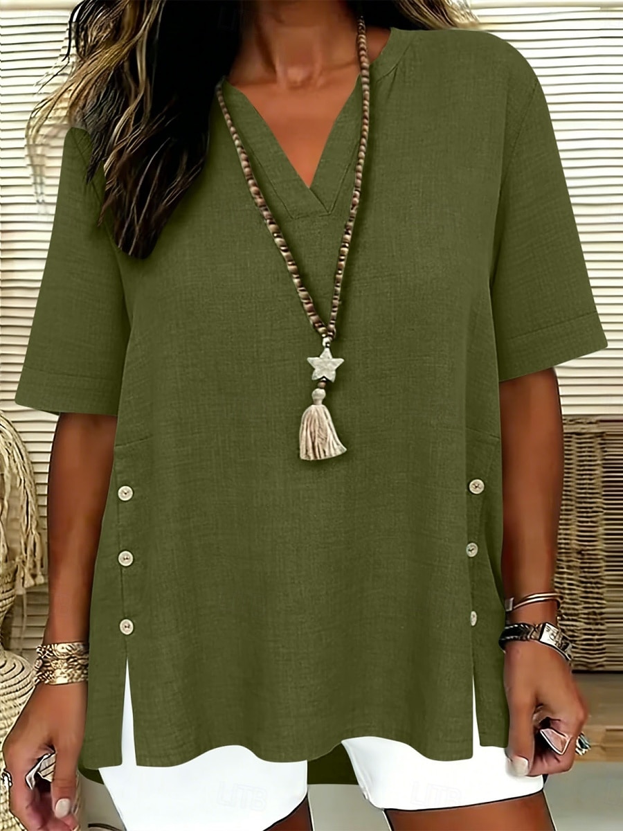 Dames Overhemden met linnenlook Blouse Overhemd van imitatie linnen Knop Effen Kleur Dagelijks Stijlvol Basic Halve mouw V-hals Normale tops Dagelijks blauw Zwart Geel Rood Paars Zomer Lente Herfst 2026 - $22.99 –P16