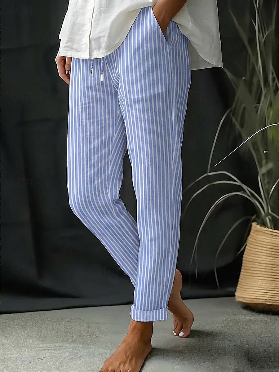 Mulheres Calças de linho de algodão Calça verão Calças de praia Clássico Casual Longas Cintura Alta Listra Bolsos Estampado Design de cordão elástico Respirabilidade Macio Micro-Elástica Férias Rua de 2026 por $23.99 –P4