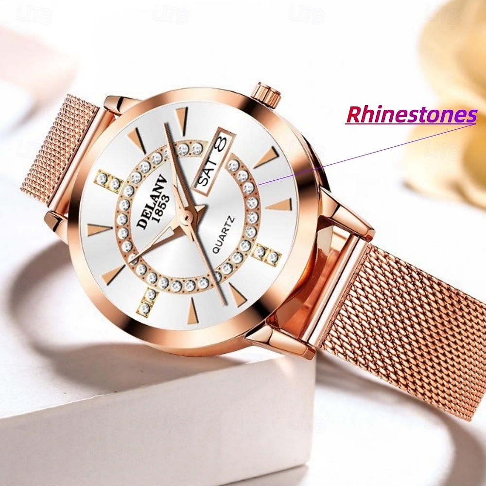 2026年 ローズゴールドレディース腕時計、レッドグラデーションダイヤル、ラインストーン付き、レディース高級クォーツ腕時計、日付カレンダー表示、調節可能なメッシュストラップ、お母さん、奥さん、彼女へのエレガントなファッションジュエリーギフト  コレクション – $21.99 –P2