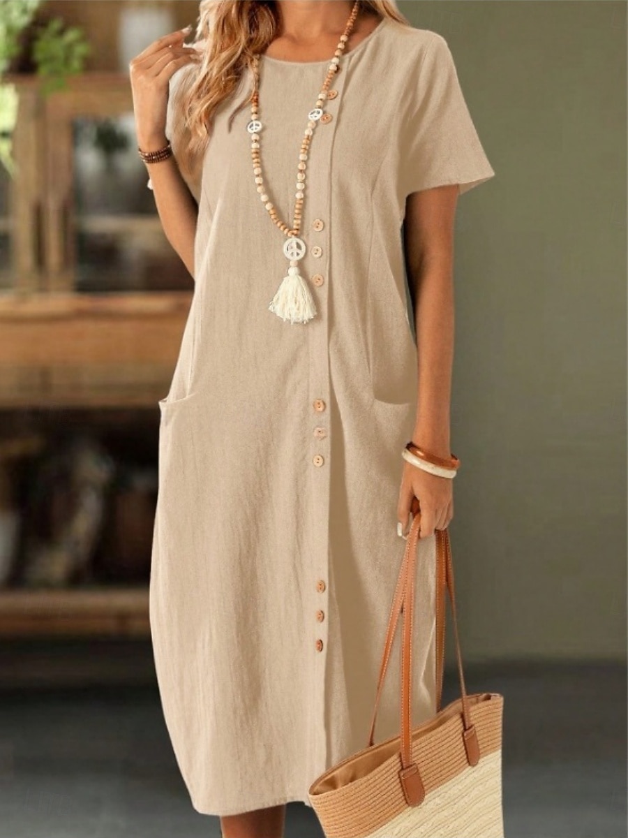 Dames Halflange jurk Jurken met linnenlook Hemdjurk Zomerjurk Casual Dagelijks Normale pasvorm Effen Korte mouw Strakke ronde hals Marine Zwart Wit Leger Groen Zomer Lente Herfst 2026 - $36.99 –P7