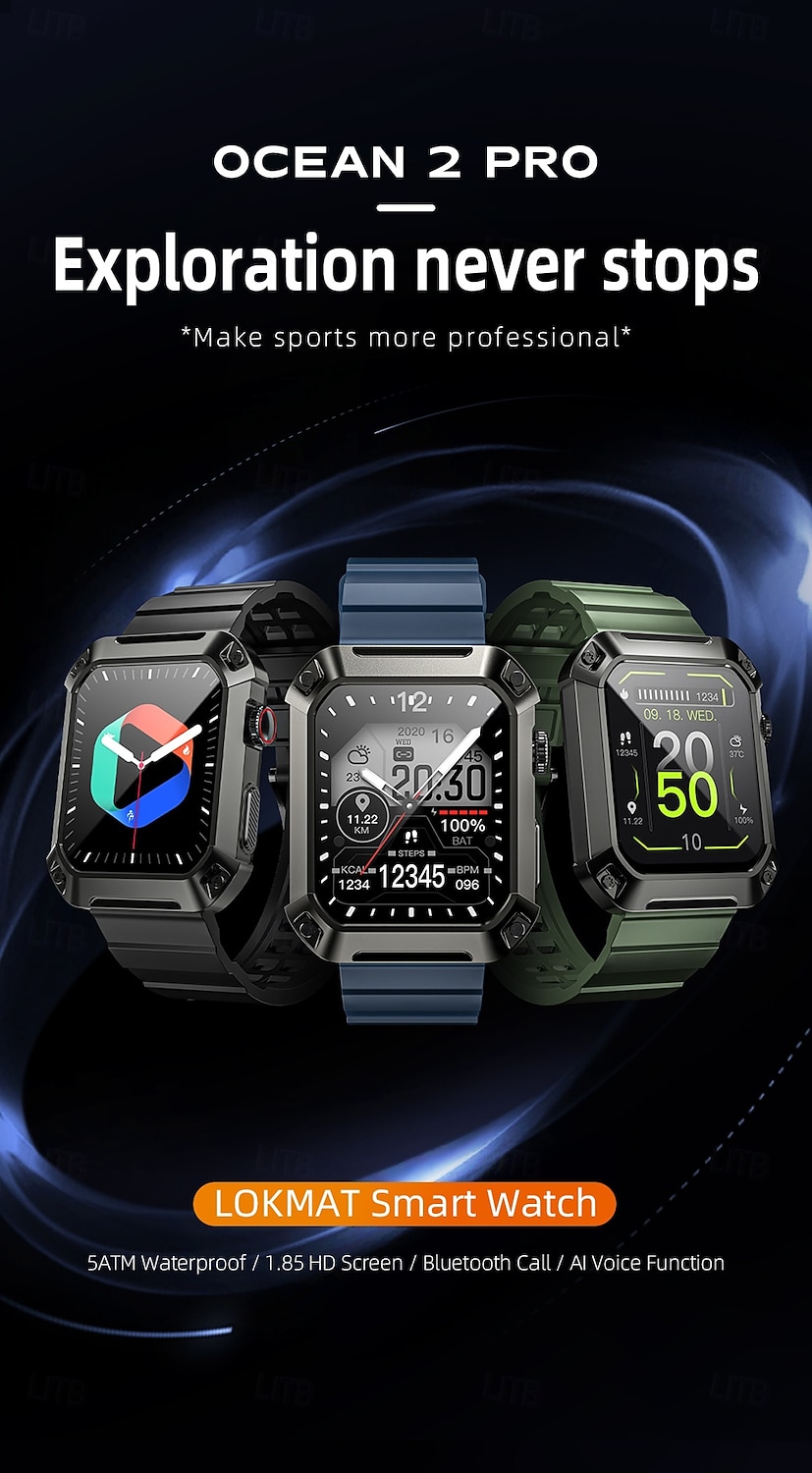 LOKMAT OCEAN 2 PRO Smart Watch 1.85 inch Bluetooth Calling Smartwatch Pedometer Call Reminder Sleep Tracker Compatible with Android iOS Unisex Long Standby Hands-Free Calls Waterproof IP68 51mm Watch 2026 - $36.99 –P2
