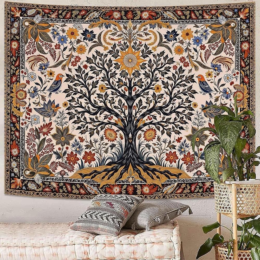 Livets tre folkekunst veggteppe bohemsk etnisk fugler og blomster natur landskap svart bakgrunn åndelig hjemdekor stue soverom bakgrunn innendørs veggmaleri 2026 - $19.99 –P4