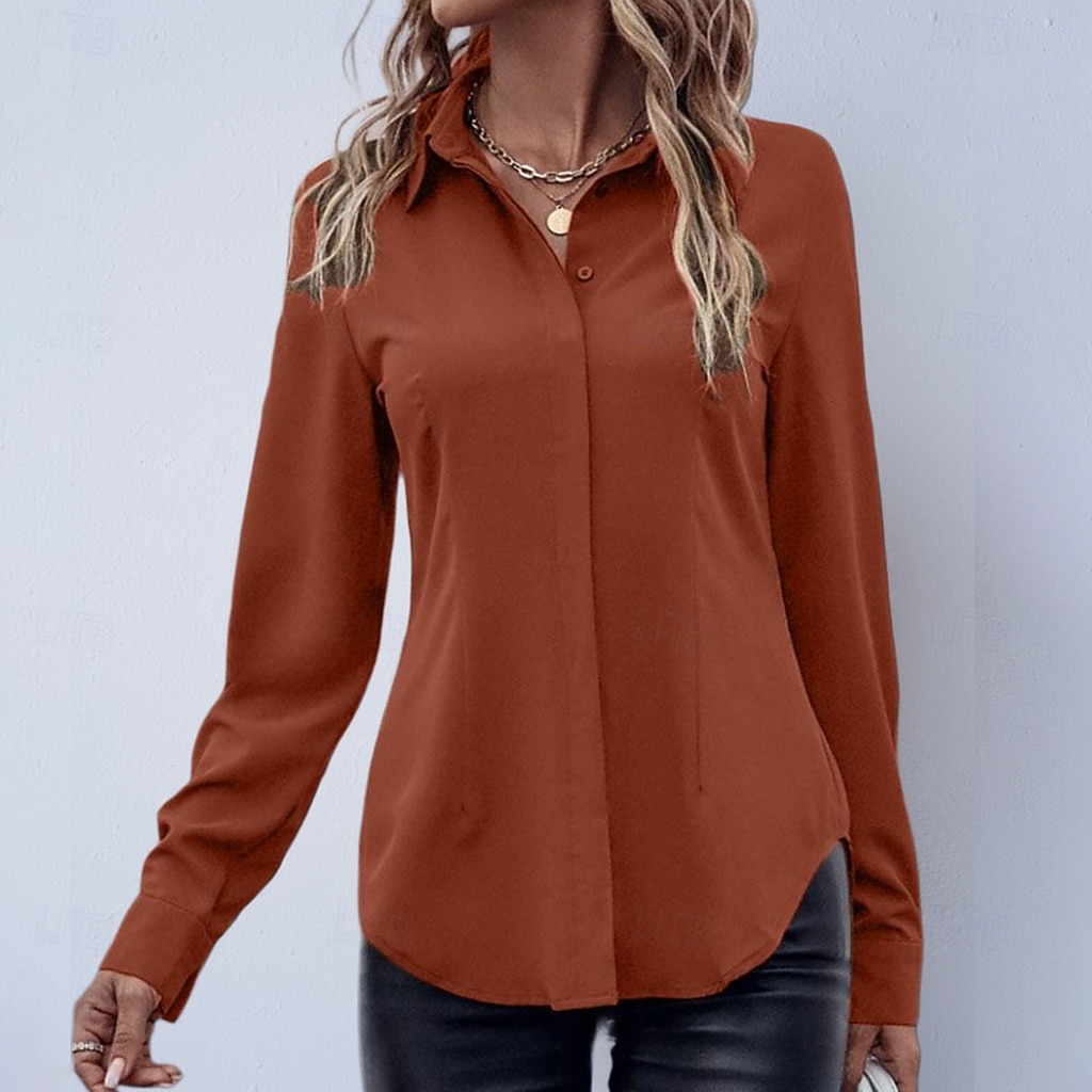 Mulheres Camisa Social Blusa de cetim Saia camisa de botão Côr Sólida Tecido Elegante Moda Casual Manga Longa Aberto para a Lateral Tops regulares Diário Escritório Trabalho Preto Rosa Vermelho Roxo de 2026 por $24.99 –P6