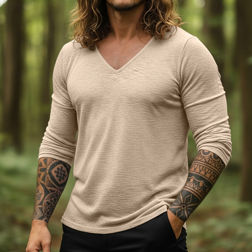 Herren T Shirt T-Shirt Langarmshirt Langarm V Ausschnitt Sommer Frühling Einfach Mode Designer Basic Klassisch Urlaub Straße Ausgehen Schwarz Violett Himmelblau Top T-Shirt für Herren 2026 - $16.49 –P1