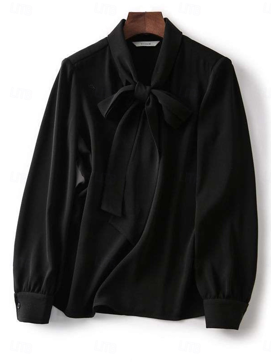 Жен. Рубашка Блуза Топы из шифона галстук спереди Сплошной цвет Полотняное плетение Активный Стиль Классический Длинный рукав Вырез под горло галстук-шея Обычные топы Повседневные Уличная одежда Офис 2026 - $13.99 –P6