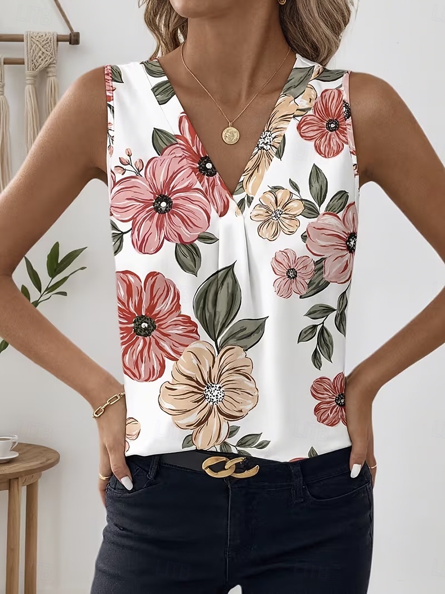 Women's Tank Top Floral Graphic Plants Elegant Vintage Tropical Sleeveless V Neck Regular Tops Daily Red Orange Summer Spring 2026 - $22.99 –P6