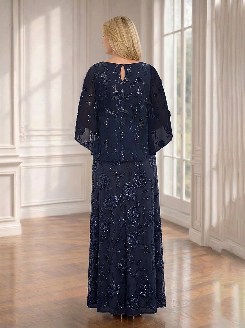 A-Line Dress Floor Length Ankle Length Cocktail Dress Wedding Guest Dress Mother of the Bride Dress Short Sleeve Half Sleeve Crew Neck Elegant Embellished Sparkle & Shine Formal Chiffon Lace Shawls 2026 - $182.99 –P3