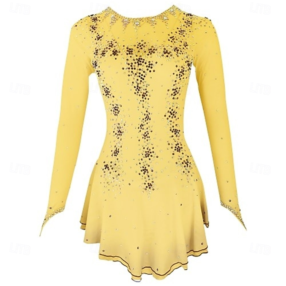 Figure Skating Dress Girls' Ice Skating Dress Violet White Yellow Patchwork Thumbhole Stretchy Training Competition Skating Wear Classic Crystal / Rhinestone Long Sleeve Ice Skating Figure Skating 2026 - $233.09 –P11