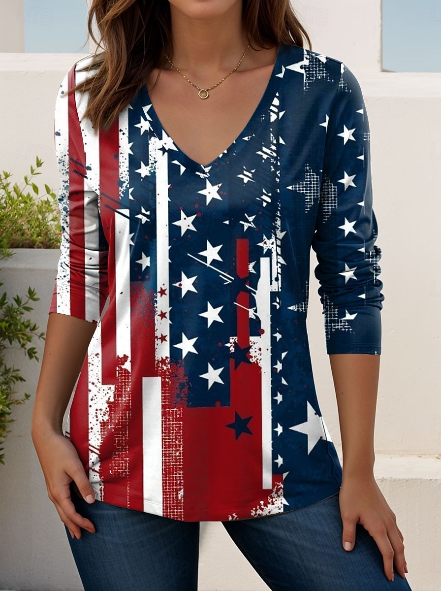 Ημέρα Αμερικανικής Ανεξαρτησίας Γυναικεία Μπλουζάκι Στάμπα Γραφική Αμερικάνικη σημαία Βίντατζ Στυλάτο Κλασσικό Μακρυμάνικο Λαιμόκοψη V Κανονικά μπλουζάκια Καθημερινά Σαββατοκύριακο 2026 - $24.99 –P2