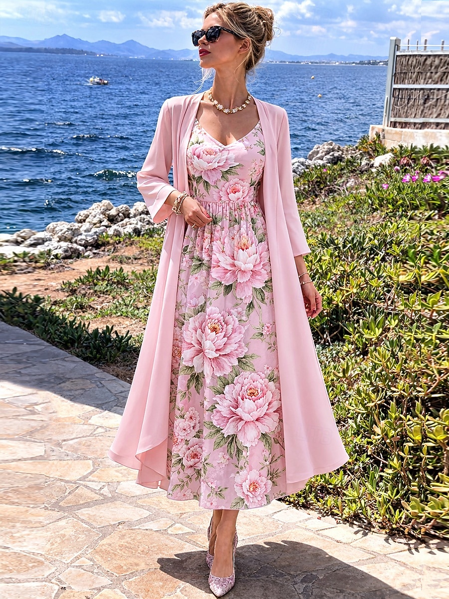Femmes Robe Ensemble Robe trapèze Élégant Vacances Fleuri Graphique Superposé Imprimé Robe Midi Manche 3/4 Col en V Quotidien Vacances Bleu Vert Claire Rose Claire Été Printemps Coupe régulière de 2026 ? $51.99 –P2