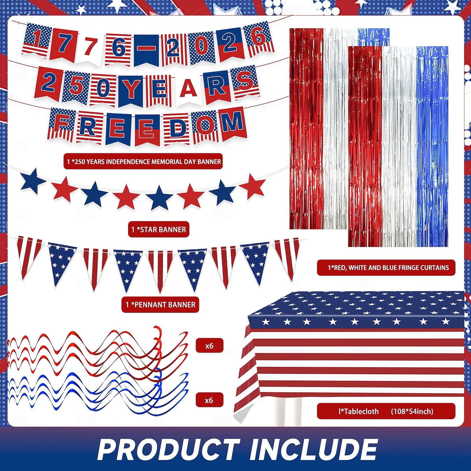 Sada dekorativních bannerů k 250. výročí Dne nezávislosti USA, obsahuje 24 bannerů, 10 vlaječek, 8 stuh, 12 spirálových závěsů a 2 tylové závěsy. &1 ubrus, ideální na oslavy Dne nezávislosti 2026 - $21.99 –P5