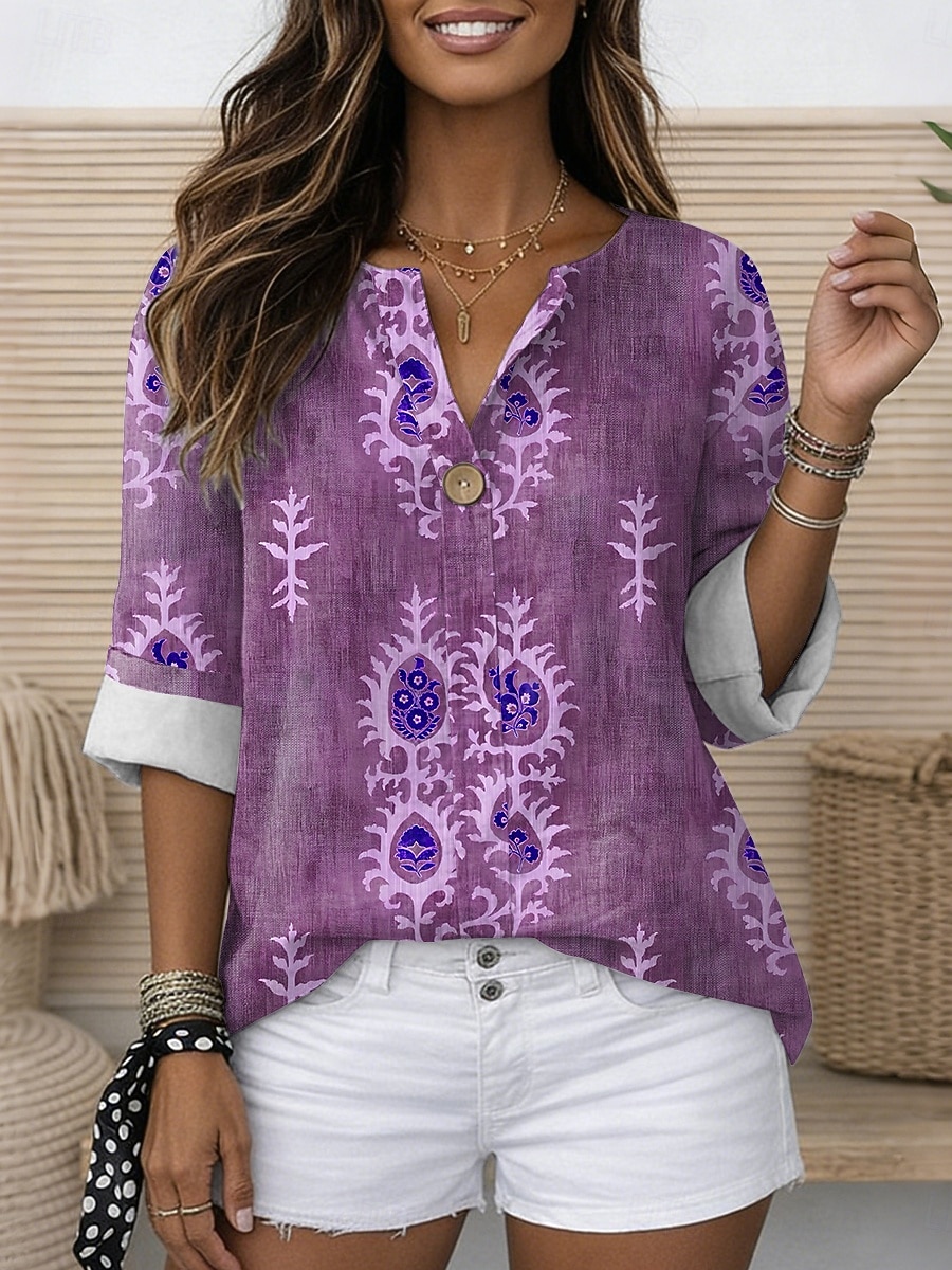 Pentru femei Bluză Imprimeu Grafic Geometric Epocă Stilat Modern Lungime Manșon 3/4 Stil Nautic Topuri obișnuite Zilnic Concediu Costum de plajă Albastru piscină Mov Trifoi Albastru Închis Var 2026 - $31.99 –P3