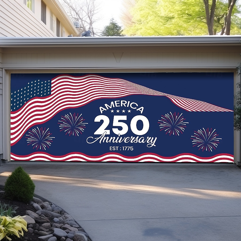 4th of July 2026 250th Memorial Day Anniversary 1775 Wavy American Flag Stars Stripes Fireworks Garage Door Banner Patriotic Outdoor Decoration Independence Day 4th of July Celebration Mural Backdrop 2026 - $49.99 –P1