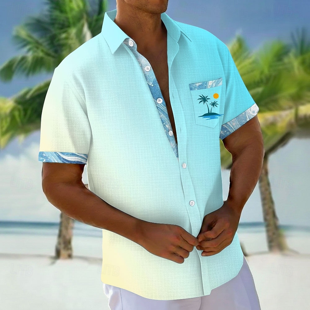 Men's Coconut Tree Gradient Color Tropical Plants Shirt Hawaiian Shirt Aloha Shirt Short Sleeve Hawaiian Vacation Holiday Summer Turndown 3D Print Front One Pocket Linen Like Shirt Blue Yellow Pink 2026 - $25.99 –P1