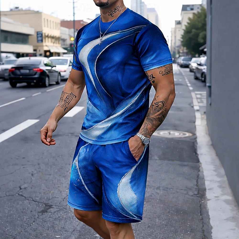 Men's Geometic Line 2pcs Tees sets Summer Tops Short Sleeve Short Pants Crew Neck Casual Trendy Daily Vacation 3D Print Summer Blue Purple Green 2026 - $28.99 –P3