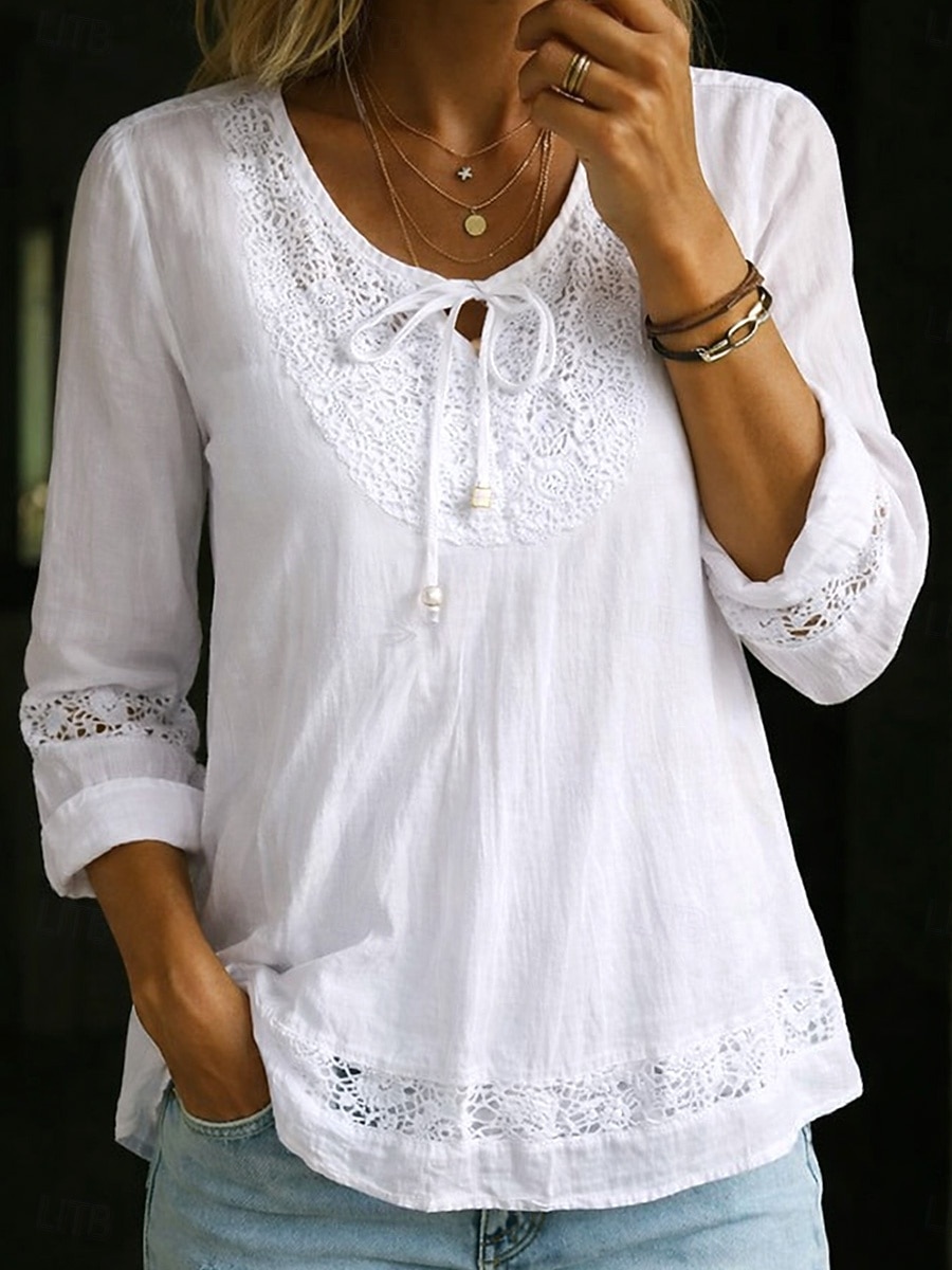 Women's Blouse Lace Patchwork Solid Color Stylish Casual 3/4 Length Sleeve Crew Neck Regular Tops Daily White Summer Spring Fall 2026 - $27.99 –P1