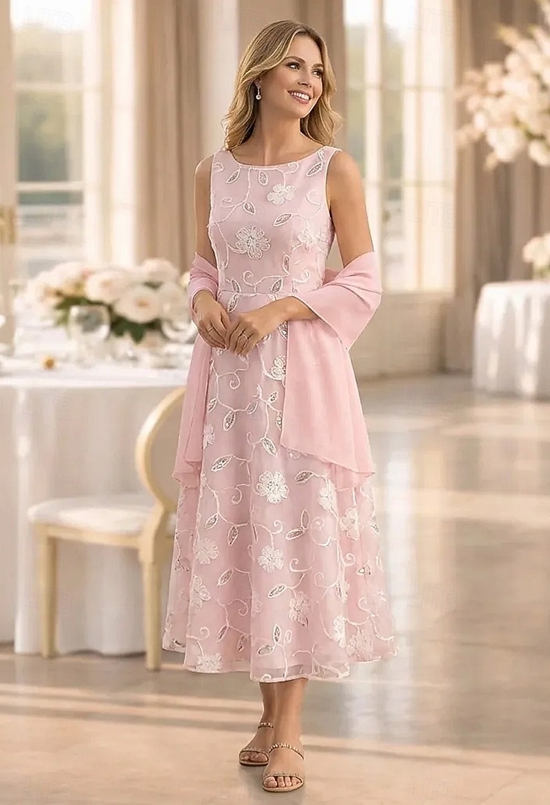 Two Piece A-Line Dress Sets Ankle Length Wedding Guest Dress Mother of the Bride Dress Sleeveless Boat Neck Elegant Simple Embellished Formal Kentucky Derby Semi Formal Lace Jacquard Wrap Included 2026 - $148.99 –P1