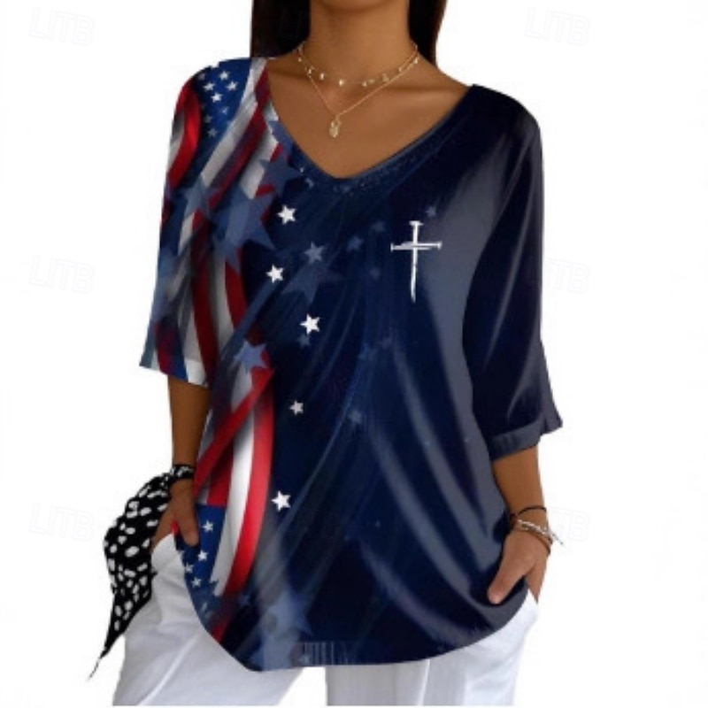 American Independence Day Women's Shirt Blouse Patchwork Buttons Vintage Stylish Classic Half Sleeve V Neck Regular Tops Daily Holiday Going out Navy Blue Summer Spring 2026 - $21.99 –P1