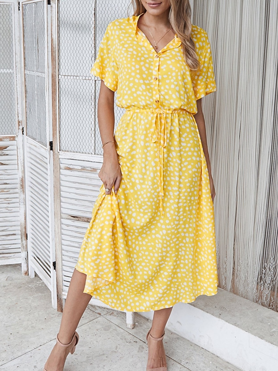 Dame Midikjole Uformell kjole Floral kjole Elegant Mote Moderne utendørs Feriereise Ut på byen Normal Blomstret Kortermet V-hals Blå Hvit Gul Navyblå Sommer Vår 2026 - $28.99 –P1