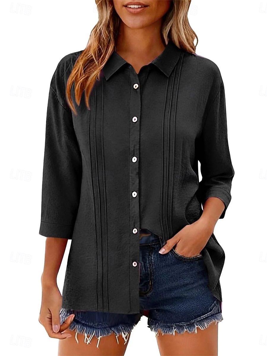 Per donna Camicia Blusa Camicia di cotone Arricciato Bottoni Tinta unica Elegante Classico Moderno Manica Lunga Colletto a Camicia Top Regolari Quotidiano Ferie Uscire Nero Bianco Giallo Rosa Vino del 2026 a $27.99 –P5