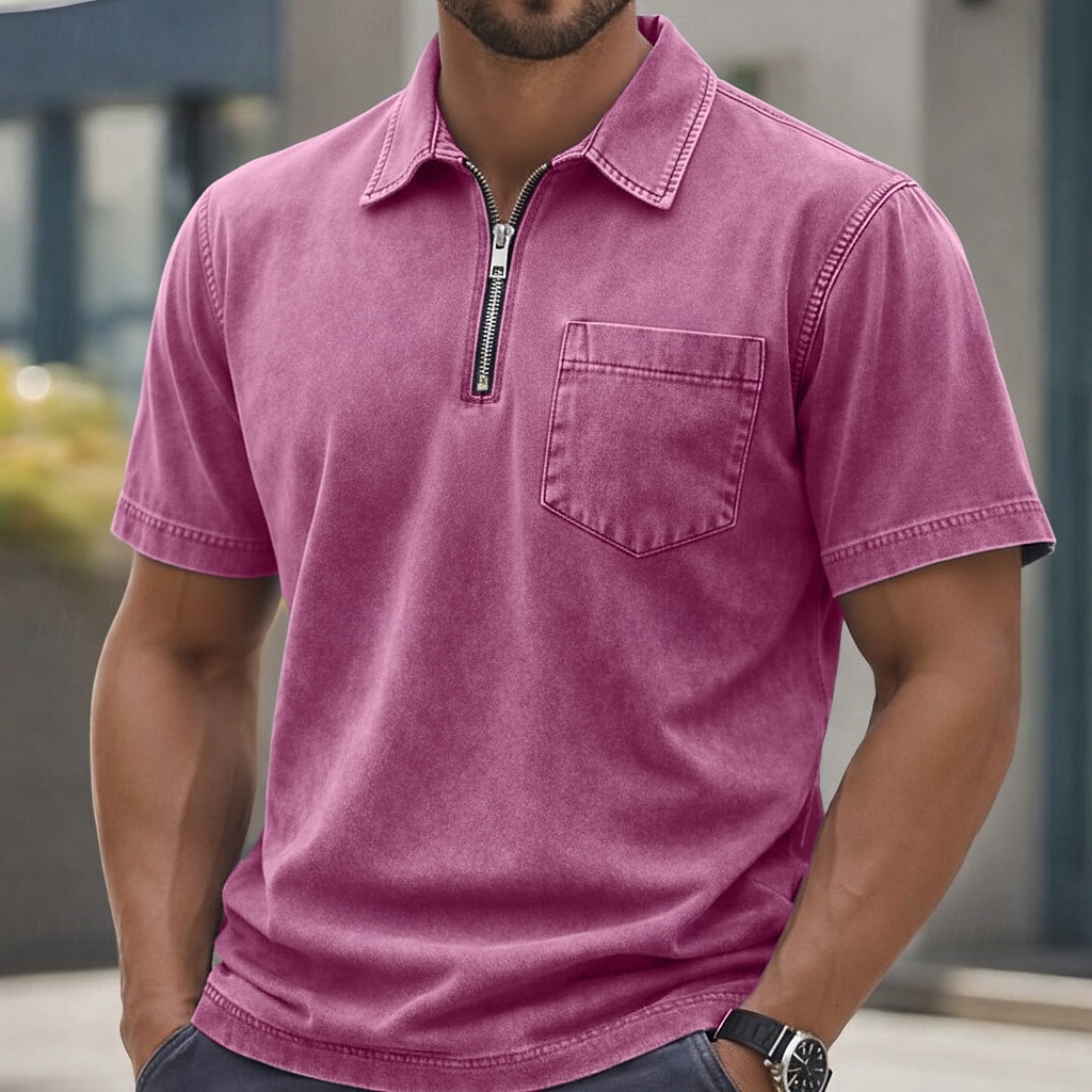 Homme Polo Chemise 100% coton délavée à l'acide Occasionnel Tenue quotidienne Zip quart Manche Courte ancien Basique Uni Avec Poches Affligé Été Coupe régulière Vert Armée Noir Rose Claire bleu de 2026 ? $31.99 –P2